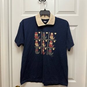 Vintage Navy Blue Shirt with Beige Collar cat silhouette